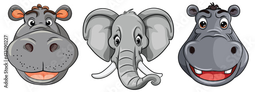 Adorable Hippopotamus and Elephant Cartoon Characters