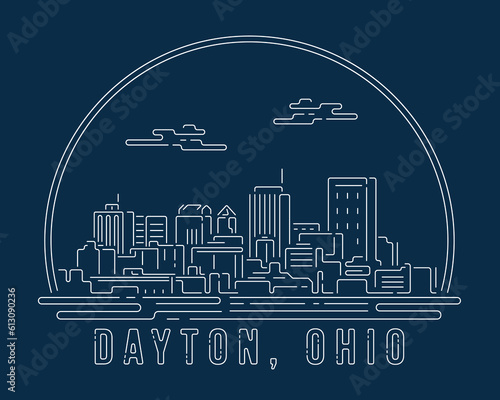 Dayton, Ohio - Cityscape with white abstract line corner curve modern style on dark blue background, building skyline city vector illustration design