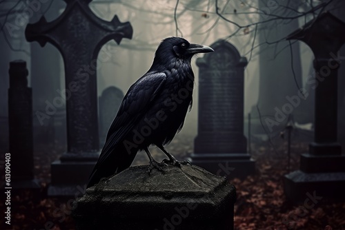 Raven graveyard fog night. Generate Ai