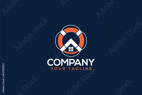 Creative logo design depicting a house inside a lifeline ring, designated to the real estate industry.