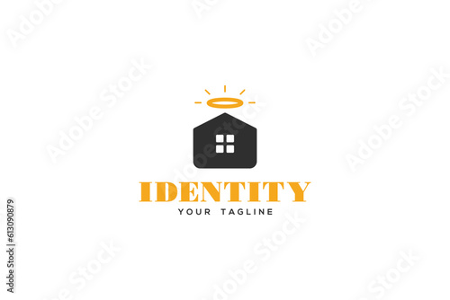 Creative logo design depicting a house with a saint ring above it,designated to the real estate industry.
