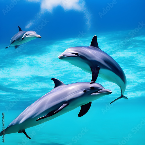 Beautiful under water view of dolphins in the ocean.  AI-generated fictional illustration 