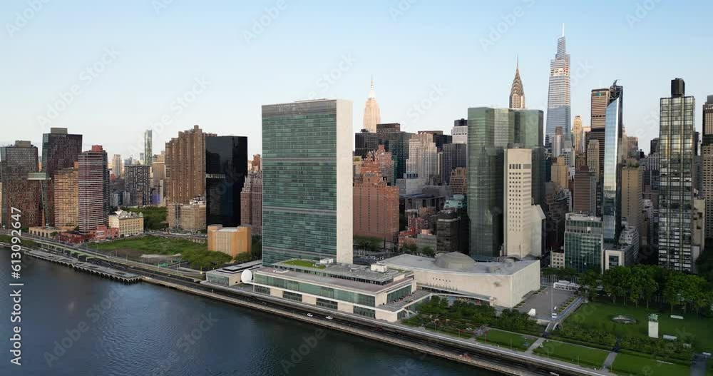 Aerial view of United Nations Headquarter in Manhattan, New York City, USA