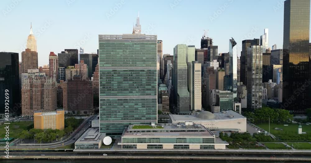 Drone shot of United Nations Headquarter in Manhattan, New York City, USA