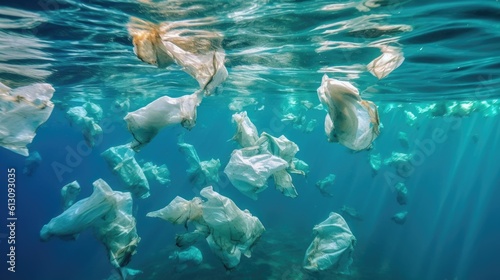 A lot of old plastic and plastic bags in ocean. environmental protection concept. Generetive AI