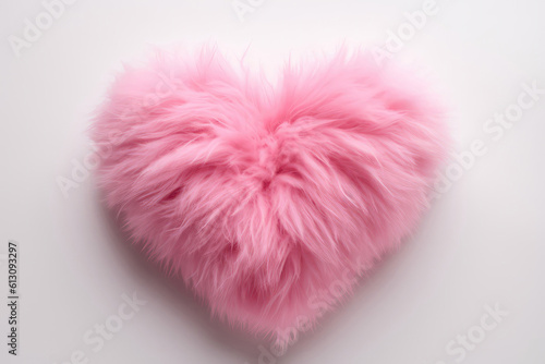 Pink Fur Heart On White Background. Generative AI