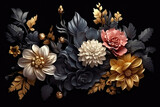 Luxurious Floral Elements, Botanical Background Or 3D Wallpaper Design On Black Background. Generative AI