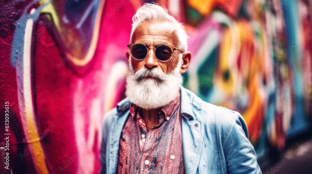Street Photography of Stylish senior hipster, a summer day in Berlin. Adjusts vintage sunglasses, graffiti backdrop adding vibrant contrast. Generative AI