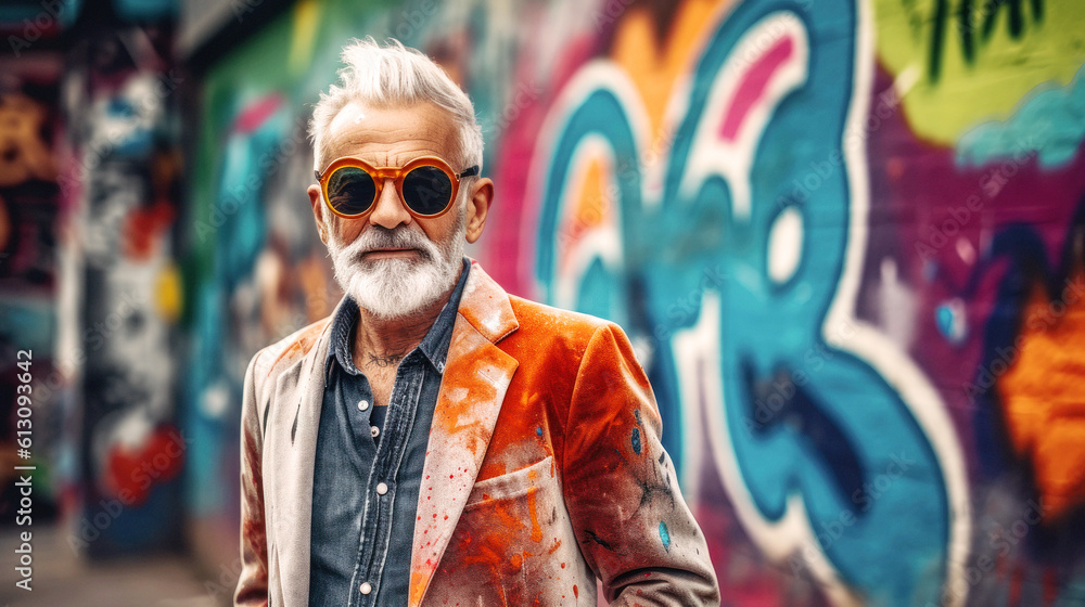 Street Photography of Stylish senior hipster, a summer day in Berlin. Adjusts vintage sunglasses, graffiti backdrop adding vibrant contrast. Generative AI