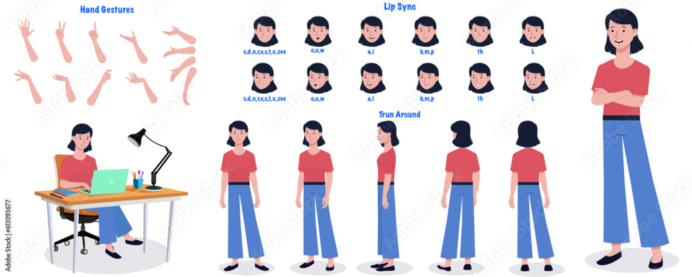 A Female model sheet. Woman creation set. Girl turnaround sheet, hand gestures, lip sync.eps A Female model sheet. Woman creation set. Girl turnaround sheet, hand gestures, lip sync.eps