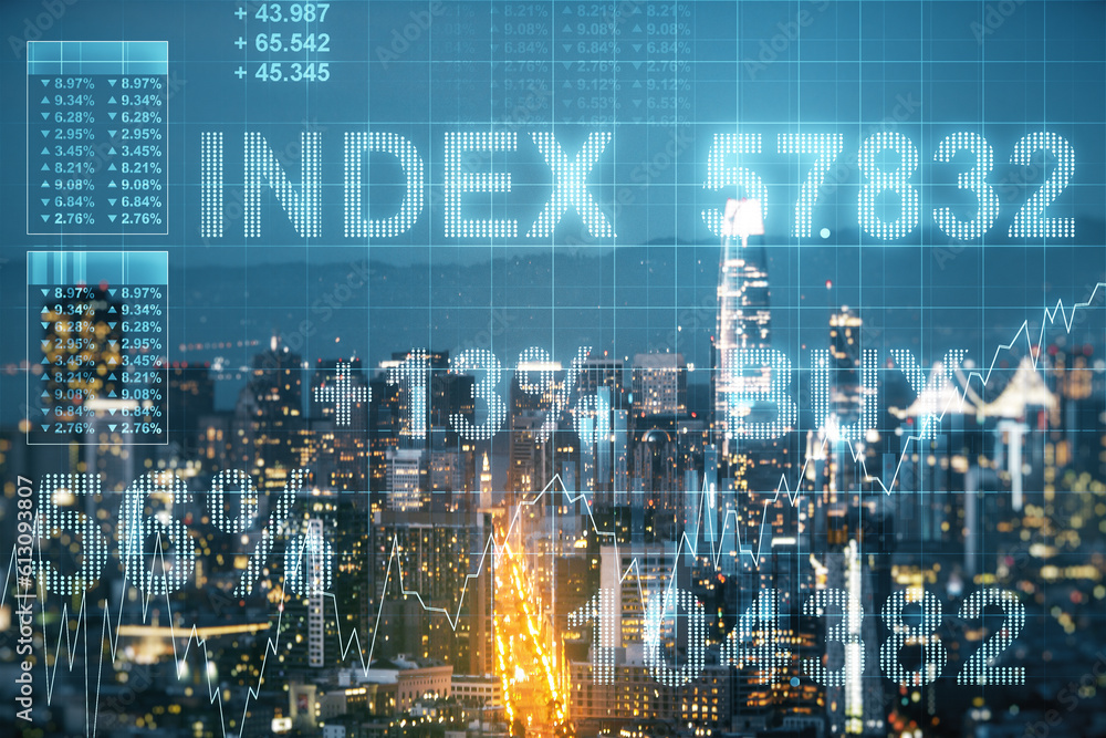 Abstract virtual financial graph hologram on San Francisco skyline background, forex and investment concept. Multiexposure Abstract virtual financial graph hologram on San Francisco skyline background, forex and investment concept. Multiexposure