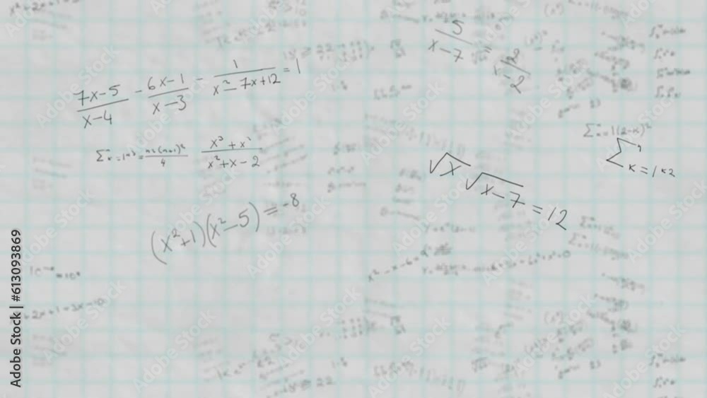 Animation of falling mathematical equation over grid pattern against white background Animation of falling mathematical equation over grid pattern against white background