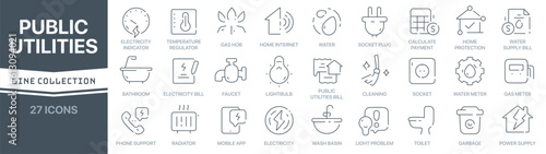 Public utilities linear signed icon collection. Signed thin line icons collection. Set of public utilities simple outline icons