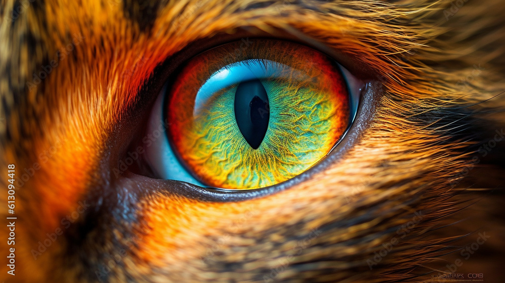A captivating image of a cat's eyes reflecting vibrant colors, representing their keen senses and observant nature on International Cat Day Generative AI