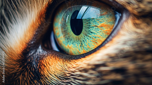 A captivating image of a cat's eyes reflecting vibrant colors, representing their keen senses and observant nature on International Cat Day Generative AI
