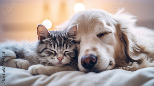 Fototapeta samoprzylepna kot i pies, spokojnie przytulające się do siebie, symbolizujące harmonię między różnymi zwierzętami, Generacyjna AI