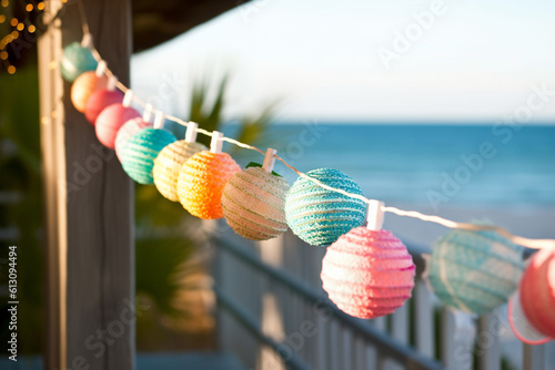 Colour latern spheres as festival decoration on houses on the beach in summer, created with Generative AI Technology