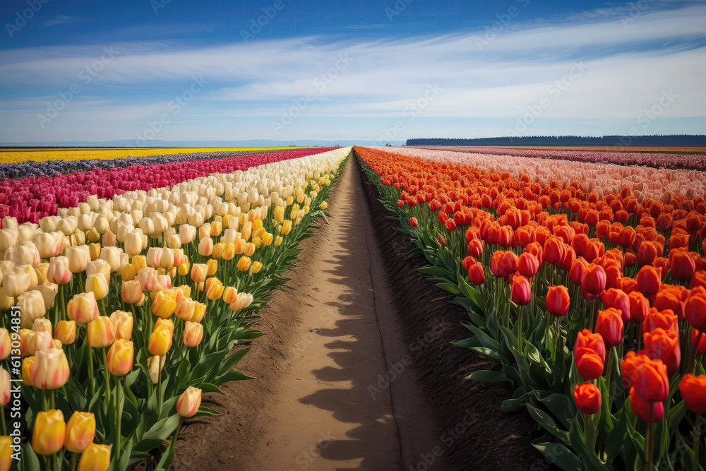 Rows Of Colorful Tulips Stretching To The Horizon. Generative AI