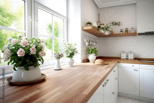 Wooden Countertop Against Defocused White Kitchen. Generative AI