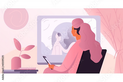 Generative AI. Online therapy session with psychologist. Concept of virtual professional mental health care. Vector flat illustration of psychotherapist counseling anxiety woman by video call.
