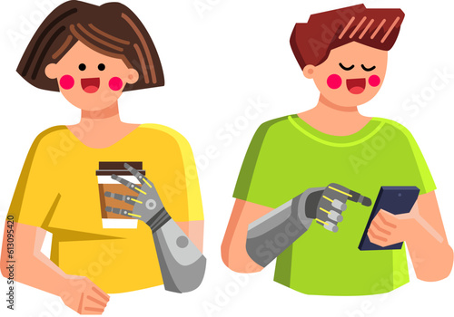 bionic arm vector. technology hand, robotic artificial, cyborg futuristic, machine science, robot human bionic arm character. people flat cartoon illustration