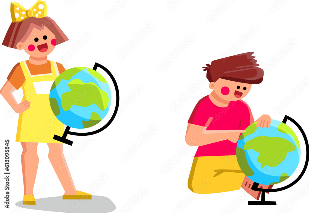 Fototapeta premium geography kid vector. education globe, school children, world earth, study boy, cute girl geography kid character. people flat cartoon illustration