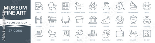 Museum and fine art linear signed icon collection. Signed thin line icons collection. Set of museum and fine art simple outline icons