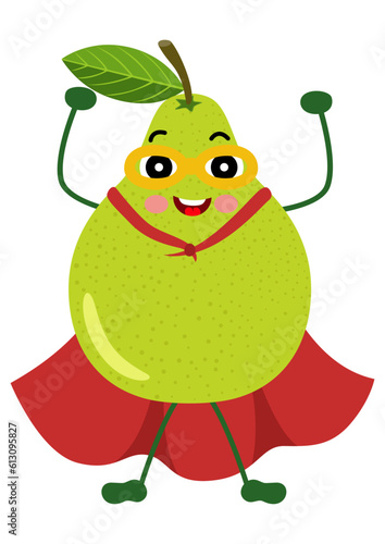 Cute green pear mascot  in traditional costume of superhero