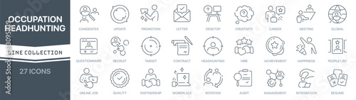Occupation and headhunting linear signed icon collection. Signed thin line icons collection. Set of occupation and headhunting simple outline icons