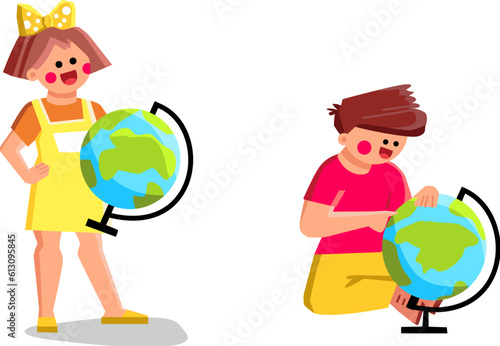geography kid vector. education globe, school children, world earth, study boy, cute girl geography kid character. people flat cartoon illustration
