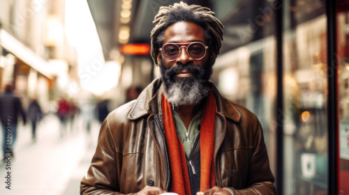 In the bustling Berlin streets, an African American hipster radiates unique style, his distinctiveness a beacon amid the city rush. Street Photography Generative AI