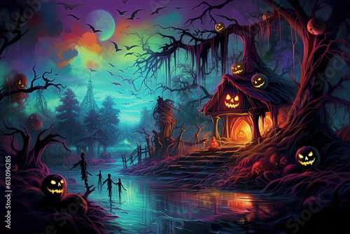 scary halloween card with bats  pumpkins and moonlight  colorful art  Generative AI