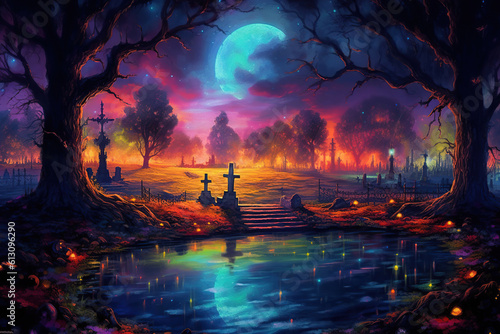 moonlight at cemetery at night, colorful art, Generative AI