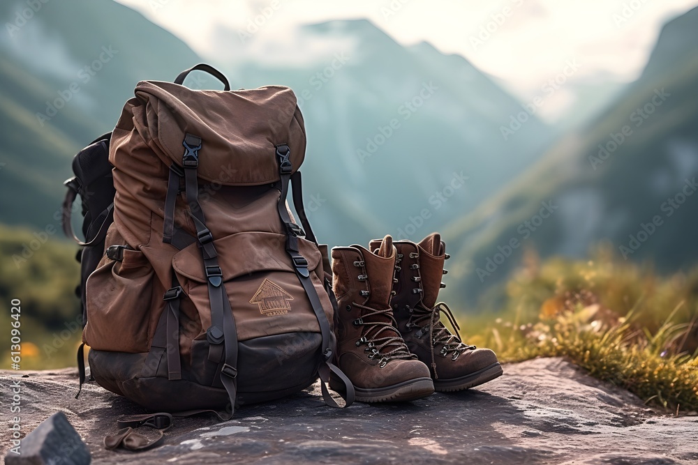 A picture focused on hiking boots and a backpack at a scenic mountain campsite, symbolizing the adventure and exploration side of camping.