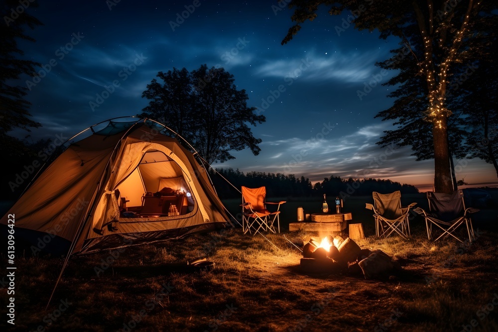  Striking image of a campsite bathed in the warm glow of lantern light against a twilight sky. - obrazy, fototapety, plakaty 