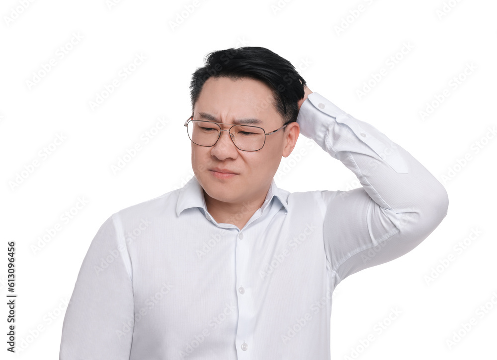 Confused businessman in formal clothes wearing glasses on white background Confused businessman in formal clothes wearing glasses on white background