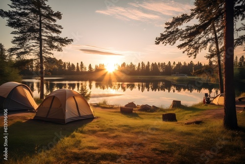 Beautiful sunset over a campground near a peaceful lake with multiple tents in view, showcasing the beauty of camping in nature. photo