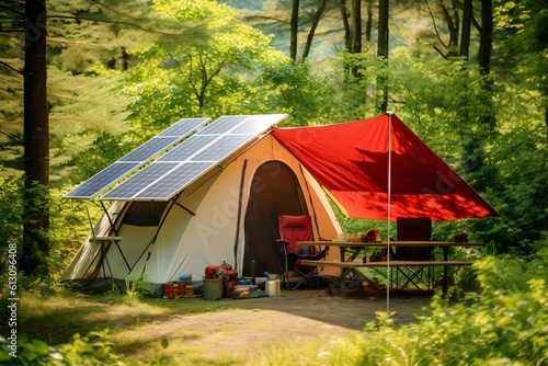 Photograph highlighting the concept of eco-friendly camping with solar panels charging in the sun.