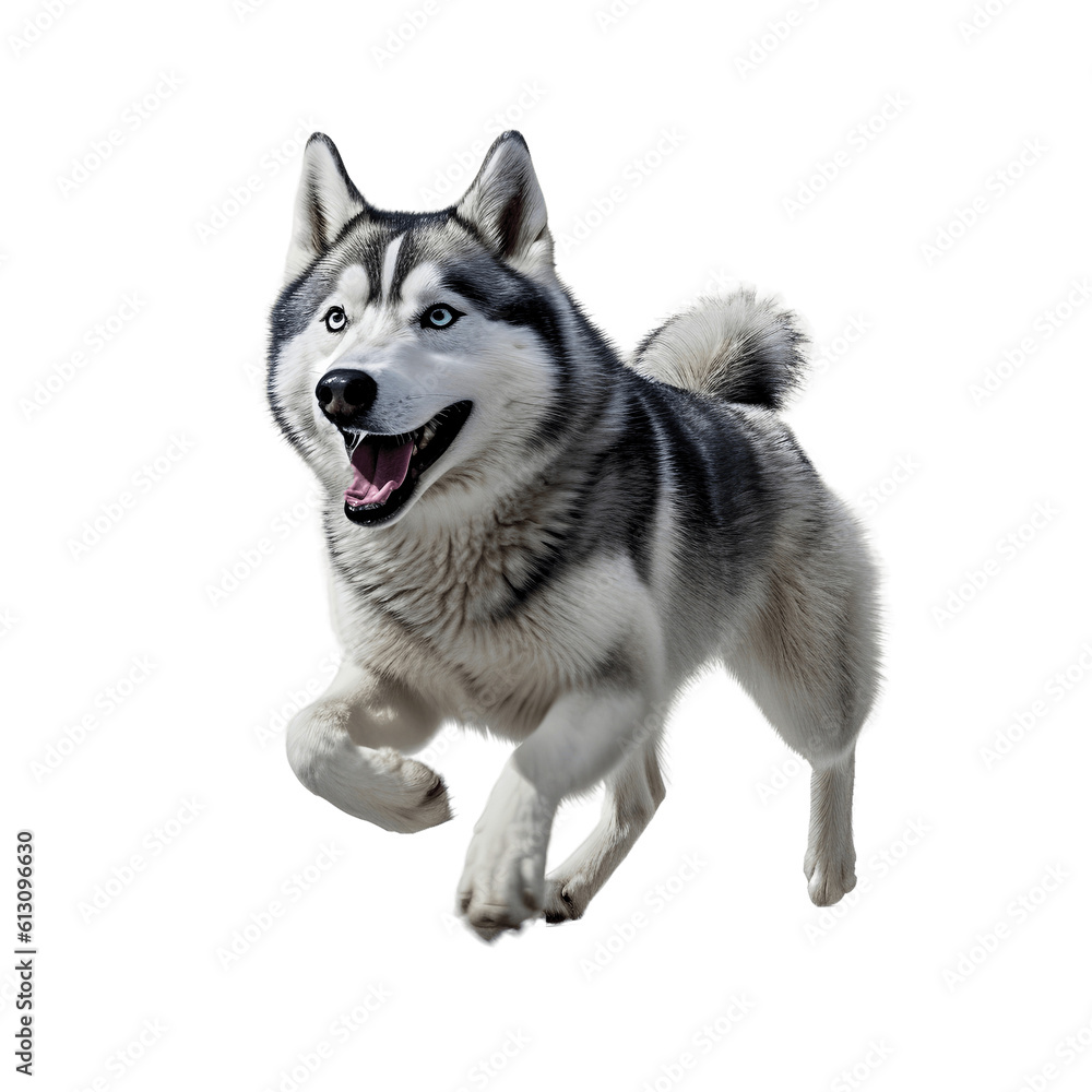 Portrait of a smiling siberian husky puppy isolated on a white background