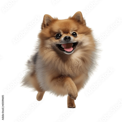 Portrait of a smiling Pomeranian dog isolated on a white background