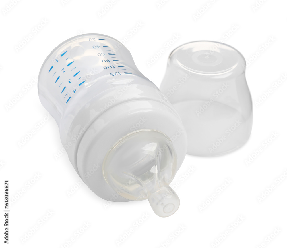 Empty feeding bottle for baby milk isolated on white Empty feeding bottle for baby milk isolated on white