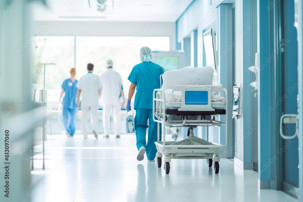 © VisualProduction - Doctors in hospital corridor. Nurses pushing gurney stretcher down hallway. Generative AI © VisualProduction - Doctors in hospital corridor. Nurses pushing gurney stretcher down hallway. Generative AI