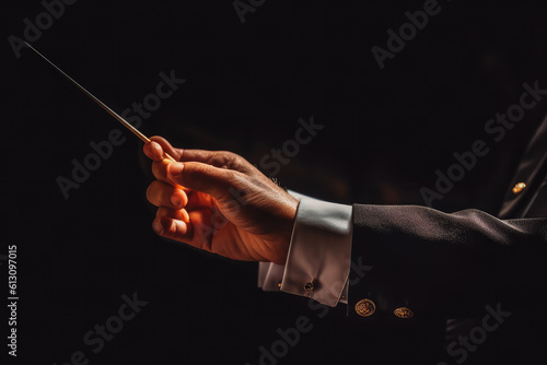 Male orchestra conductor on black background. Close up of orchestra conductor s hand. Generative AI