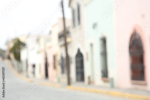 San Pedro Garza Garcia, Mexico – February 8, 2023: Blurred view of street with beautiful buildings