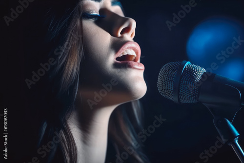 Young woman singing with microphone in studio blue light. Attractive young female singing with closed eyes. Generative AI