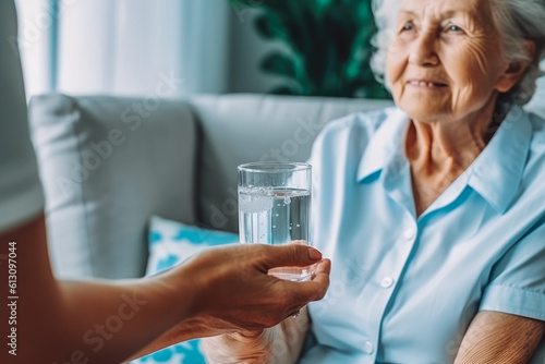 Nurse giving glass of water to elderly woman in wheelchair. Nursing home employee helping elderly people. Generative AI