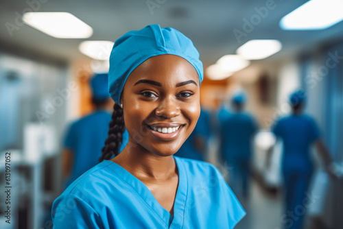 Young african american nurse in clinic. Smiling portait of young confident professional nurse. Generative AI