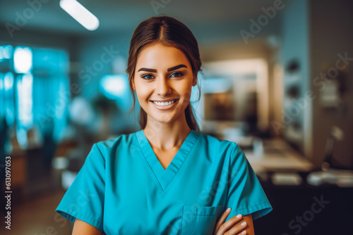 Young nurse in clinic. Smiling portait of young confident professional nurse. Generative AI