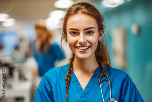 Young nurse in clinic. Smiling portait of young confident professional nurse. Generative AI