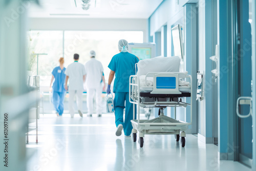 Doctors in hospital corridor. Nurses pushing gurney stretcher down hallway. Generative AI